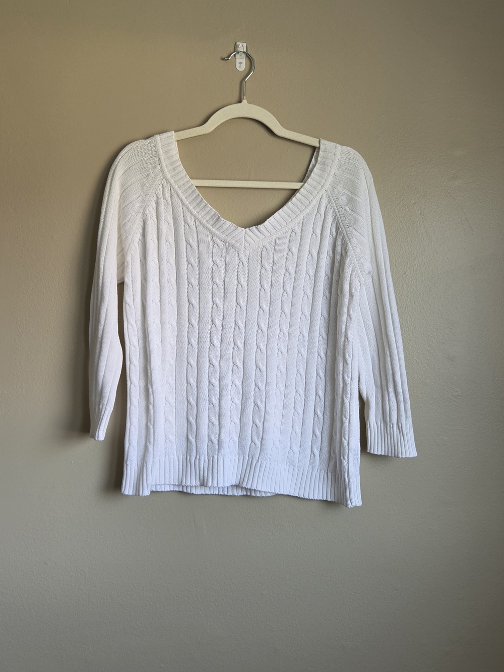 V-Neck White Cable Knit Women's Sweater Top